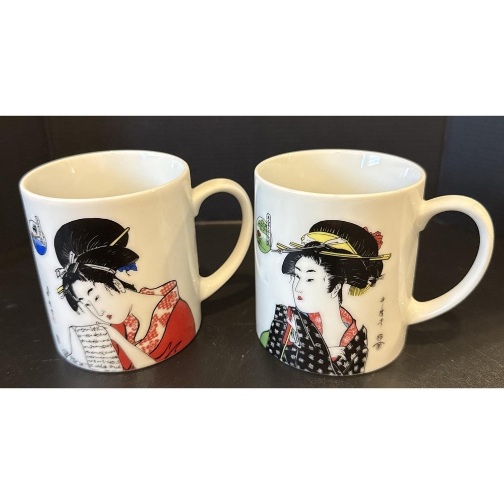 Japanese Geisha Porcelain Cup 12 oz Black Red Kimona Coffee Tea Mug Set Of 2